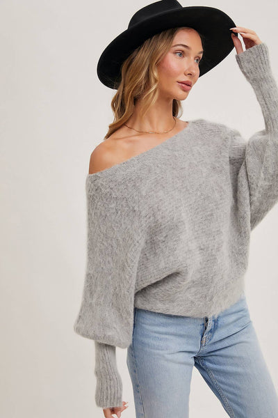 BOAT NECK DOLMAN SLEEVE RIBBED FUZZY KNIT SWEATER