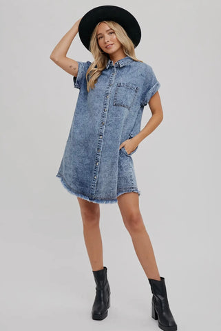 Frayed Hem Denim Shirt Dress