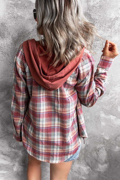 Womens Long Sleeve Drawstring Plaid Hoodie Jacket