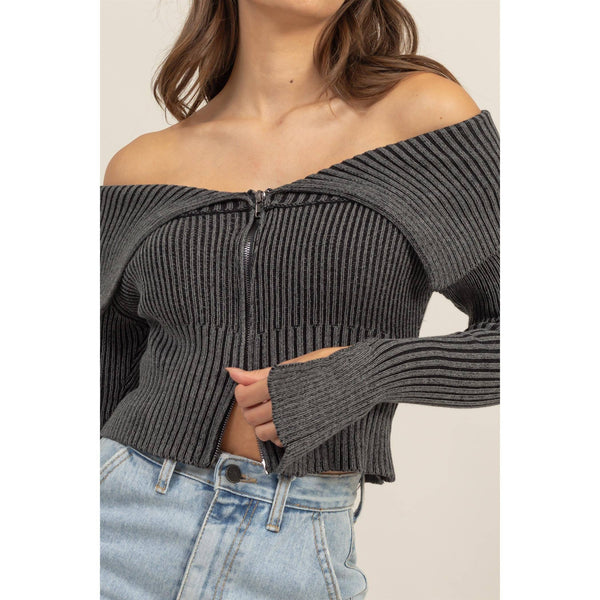 Washed Off-Shoulder Zip-Front Sweater Top