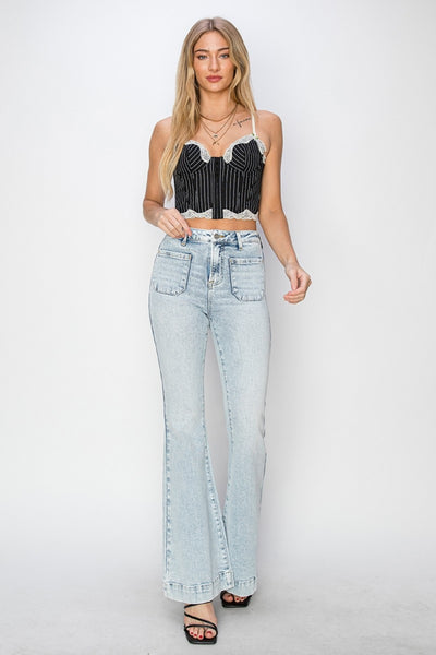 Risen Full Size High Rise Front Patch Pocket Flare Jeans