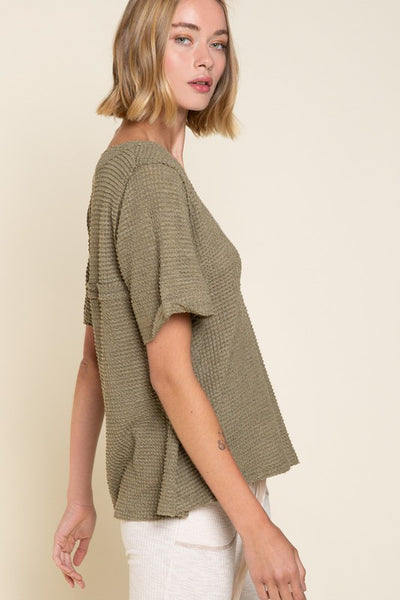 Half Sleeve V-neck Waffle Knit Top