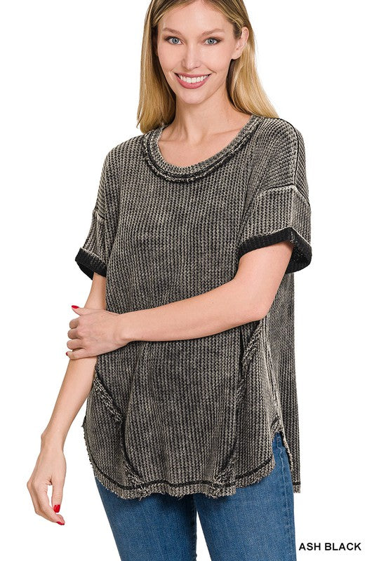 WASHED WAFFLE ROLLED UP SHORT SLEEVE TOP