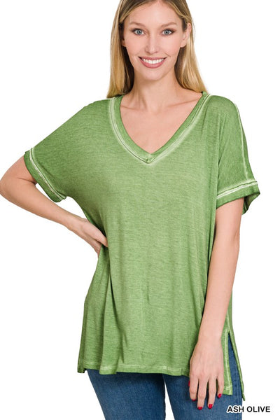 WASHED SHORT SLEEVE V-NECK TOP W HI-LOW HEM