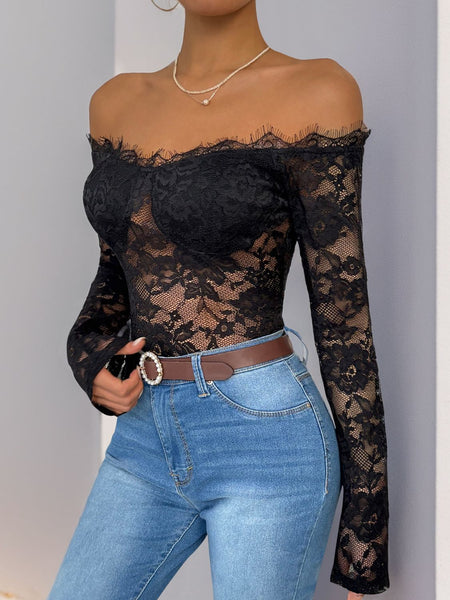 Perfee Lace Off-Shoulder Long Sleeve Bodysuit