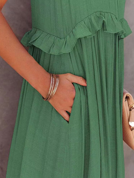 Ruffled Sleeveless Maxi Dress with Pockets