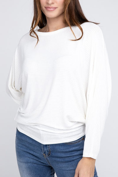 Ribbed Batwing Long Sleeve Boat Neck Sweater