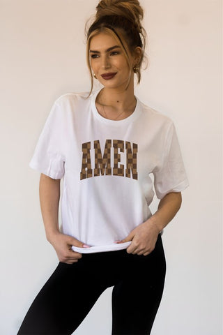 Brown Checkered AMEN Graphic Tee