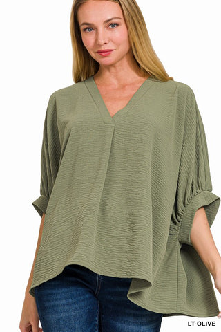 Woven Airflow V-Neck Puff Half Sleeve Top