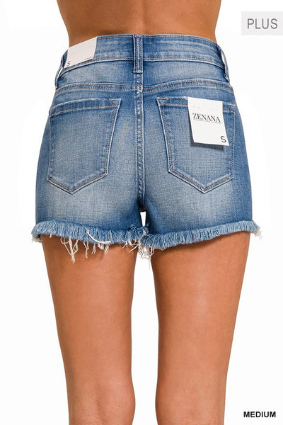 Plus Mid Rise Raw Frayed Hem Denim Shorts