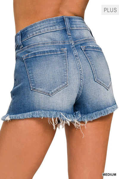 Plus Mid Rise Raw Frayed Hem Denim Shorts