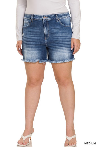 Plus Mid Rise Raw Frayed Hem Denim Shorts