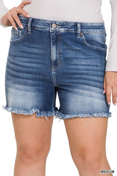 Plus Mid Rise Raw Frayed Hem Denim Shorts