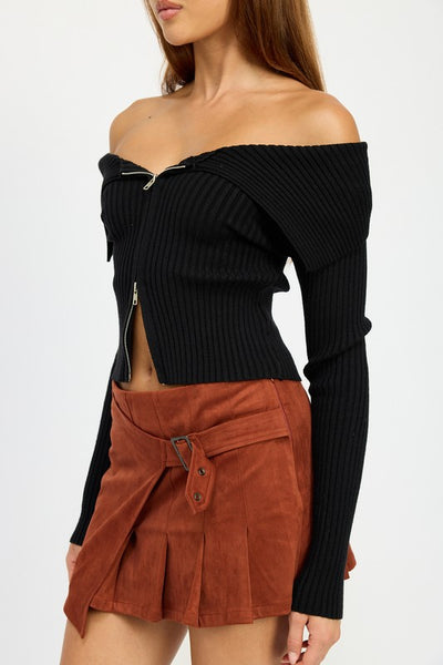 ZIP FRONT BARDOT SHOULDER TOP