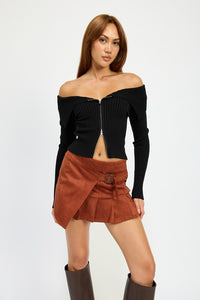 ZIP FRONT BARDOT SHOULDER TOP