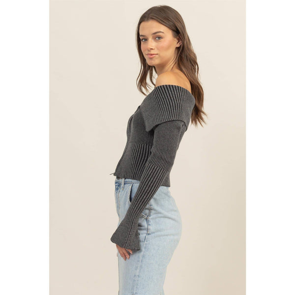 Washed Off-Shoulder Zip-Front Sweater Top