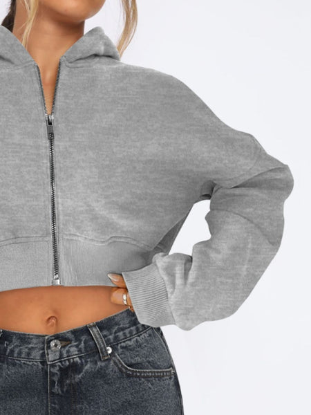 Zip Up Long Sleeve Hooded Cropped Jacket