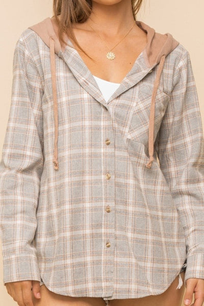 Womens Long Sleeve Drawstring Plaid Hoodie Jacket