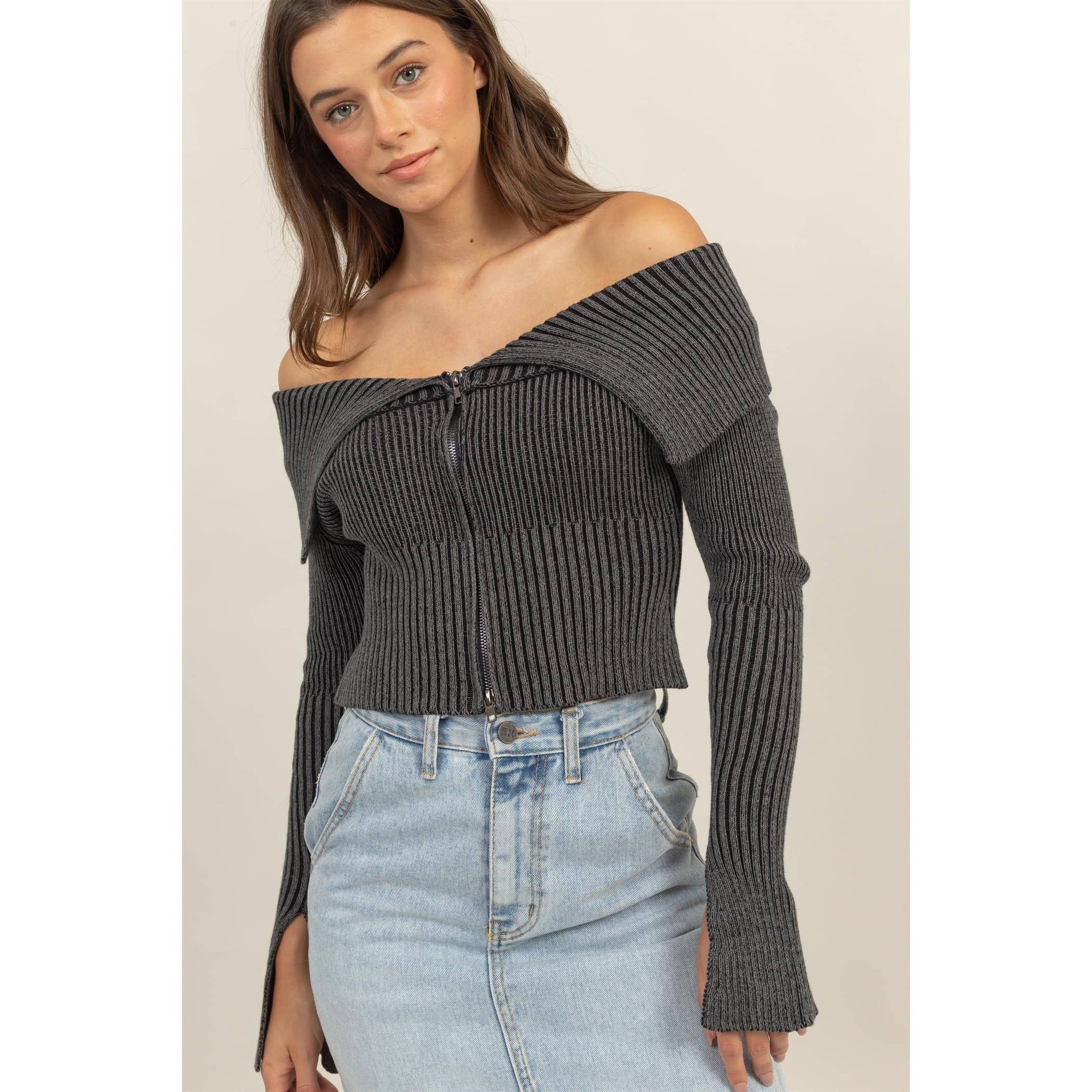 Washed Off-Shoulder Zip-Front Sweater Top