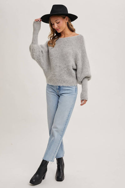 BOAT NECK DOLMAN SLEEVE RIBBED FUZZY KNIT SWEATER