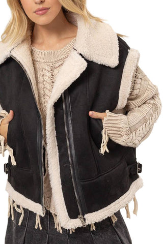 Fur-contrast Zippered Suede Vest