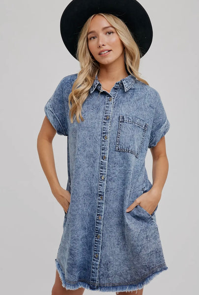 Frayed Hem Denim Shirt Dress