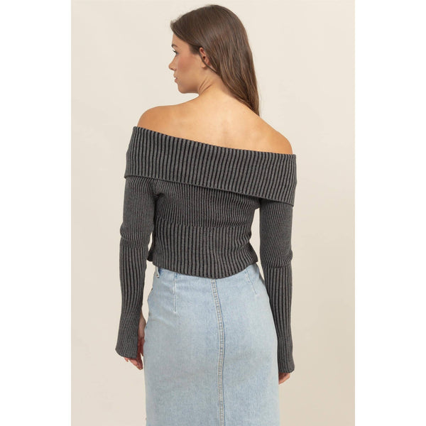 Washed Off-Shoulder Zip-Front Sweater Top