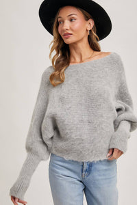 BOAT NECK DOLMAN SLEEVE RIBBED FUZZY KNIT SWEATER