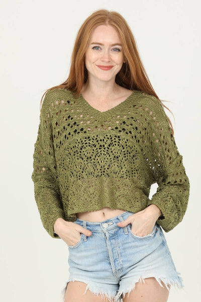 OPEN KNIT V NECK PULLOVER SWEATER