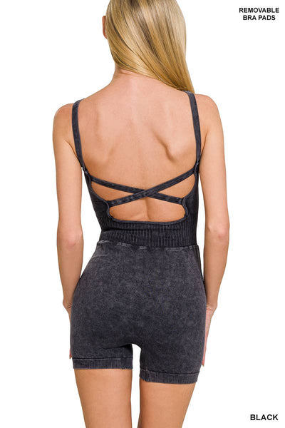 Washed Sports Romper With Removable Bra Pad