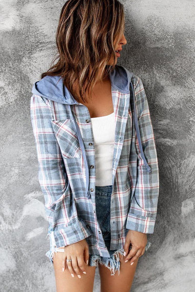 Womens Long Sleeve Drawstring Plaid Hoodie Jacket