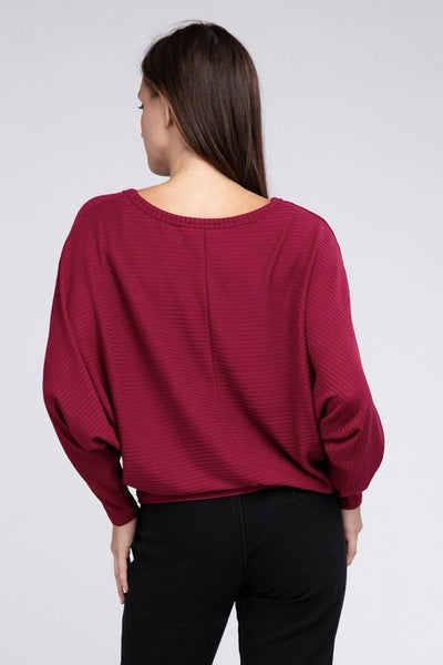 Ribbed Batwing Long Sleeve Boat Neck Sweater