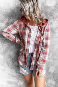 Womens Long Sleeve Drawstring Plaid Hoodie Jacket