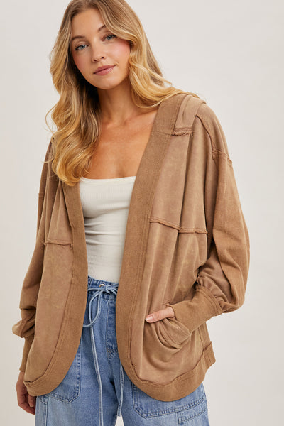 WASHED OPEN FRONT EXAGGERATED HOODIE CARDIGAN