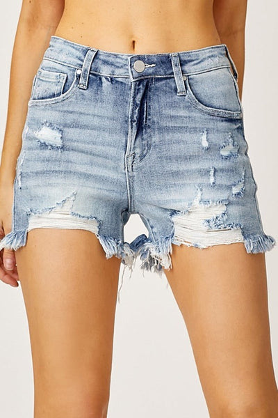 High Waist Distressed Denim Shorts - Light Wash