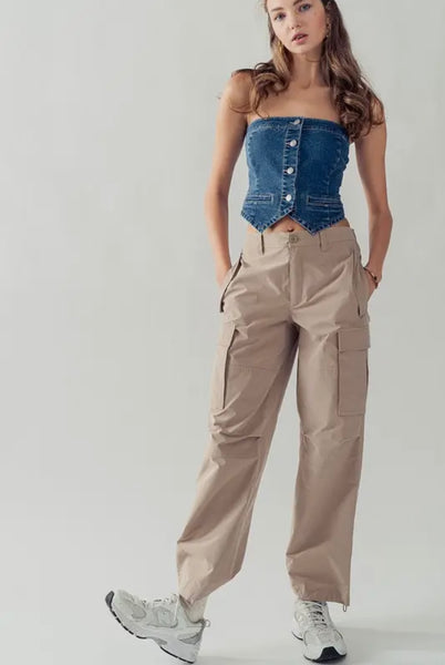 Button Front Crop Denim Tube Top