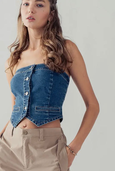 Button Front Crop Denim Tube Top
