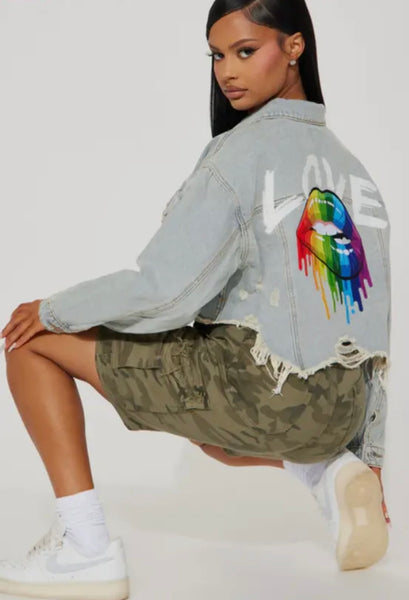 Love Rainbow Lips Crop Denim Jacket