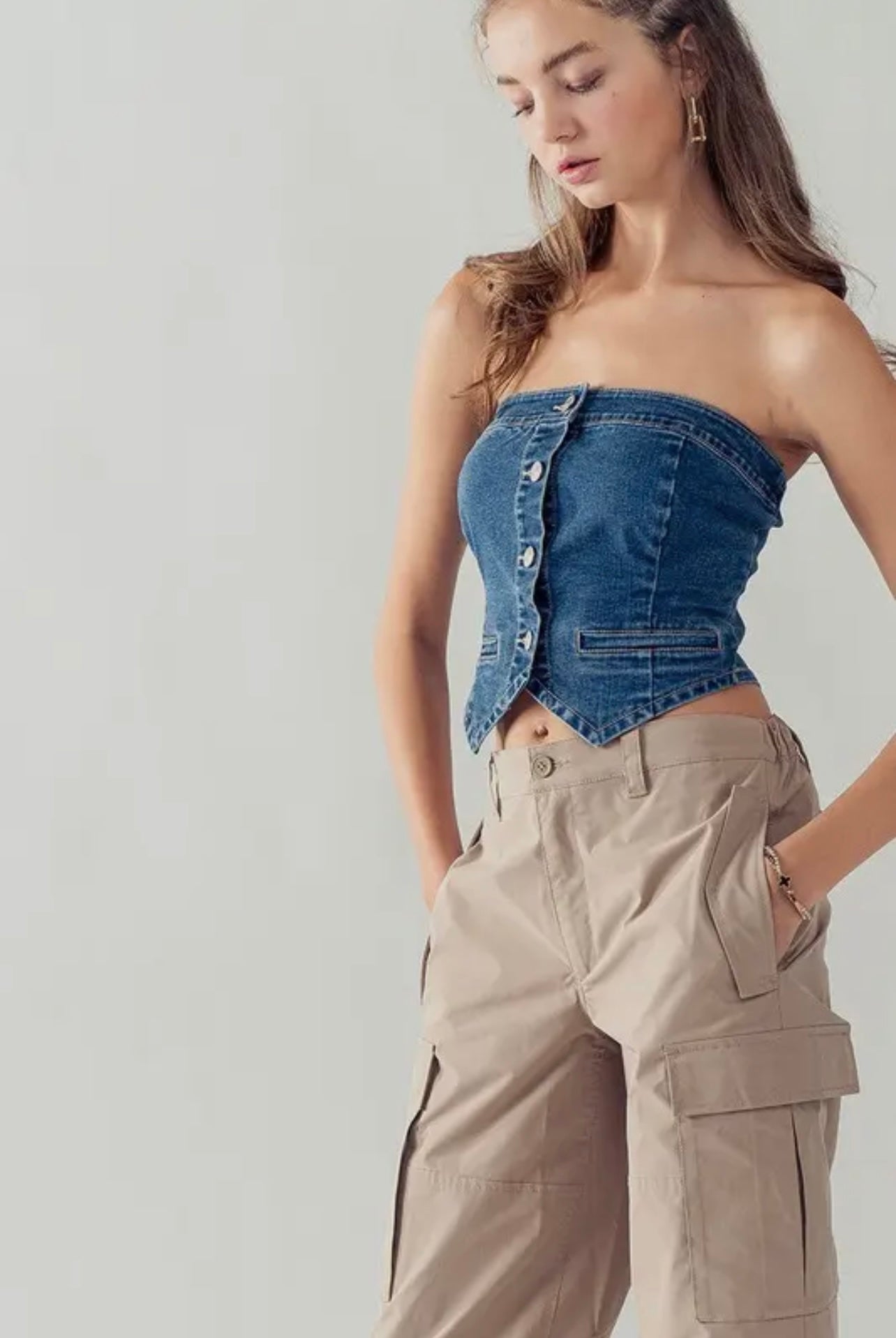 Button Front Crop Denim Tube Top