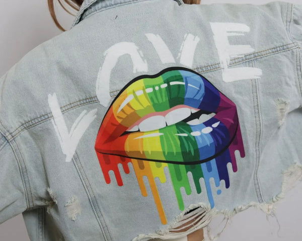 Love Rainbow Lips Crop Denim Jacket