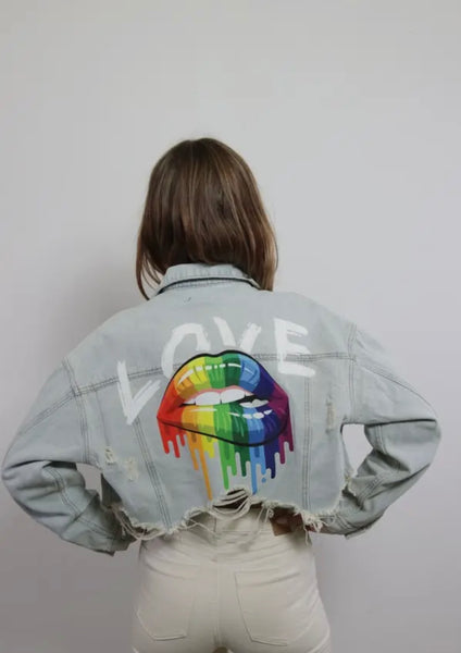 Love Rainbow Lips Crop Denim Jacket