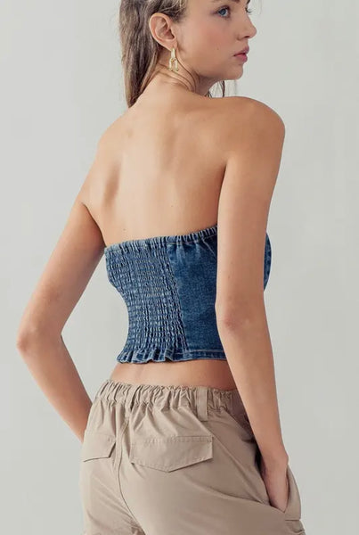 Button Front Crop Denim Tube Top