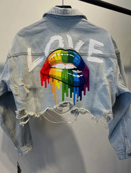 Love Rainbow Lips Crop Denim Jacket