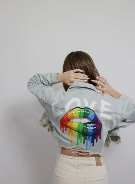 Love Rainbow Lips Crop Denim Jacket