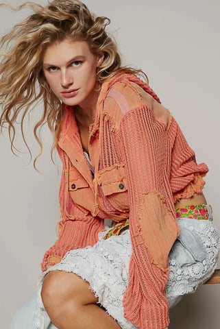 Open Knit Button Down Pocket Front Hooded Shirt