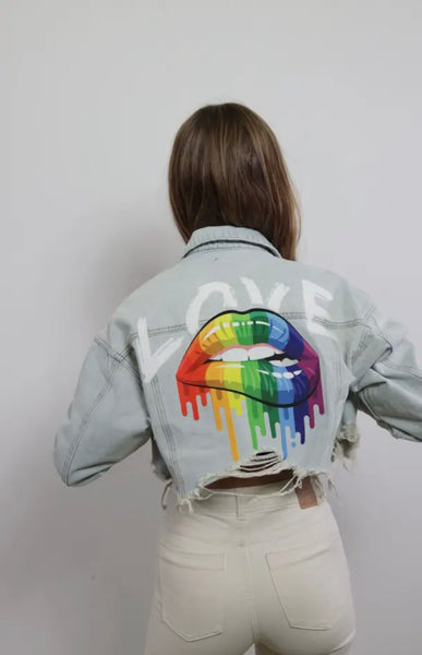 Love Rainbow Lips Crop Denim Jacket