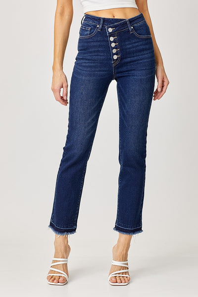 High Rise Cross Over Button Down Jeans