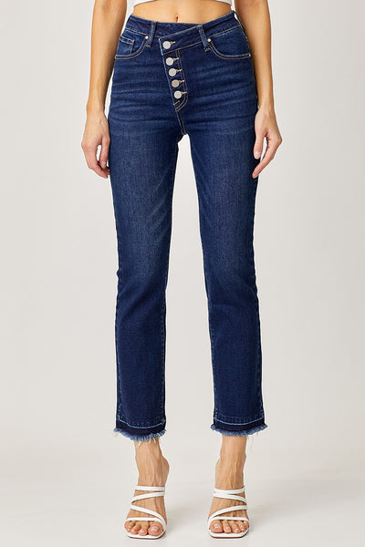 High Rise Cross Over Button Down Jeans