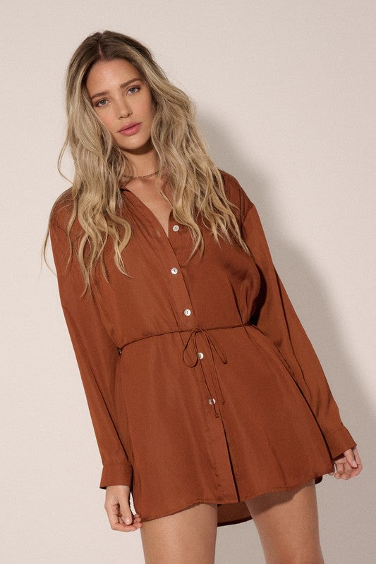 Solid Collar Neck Button Front Long Sleeve Romper