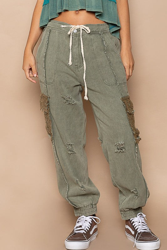 Tie waistband cargo pockets denim jogger